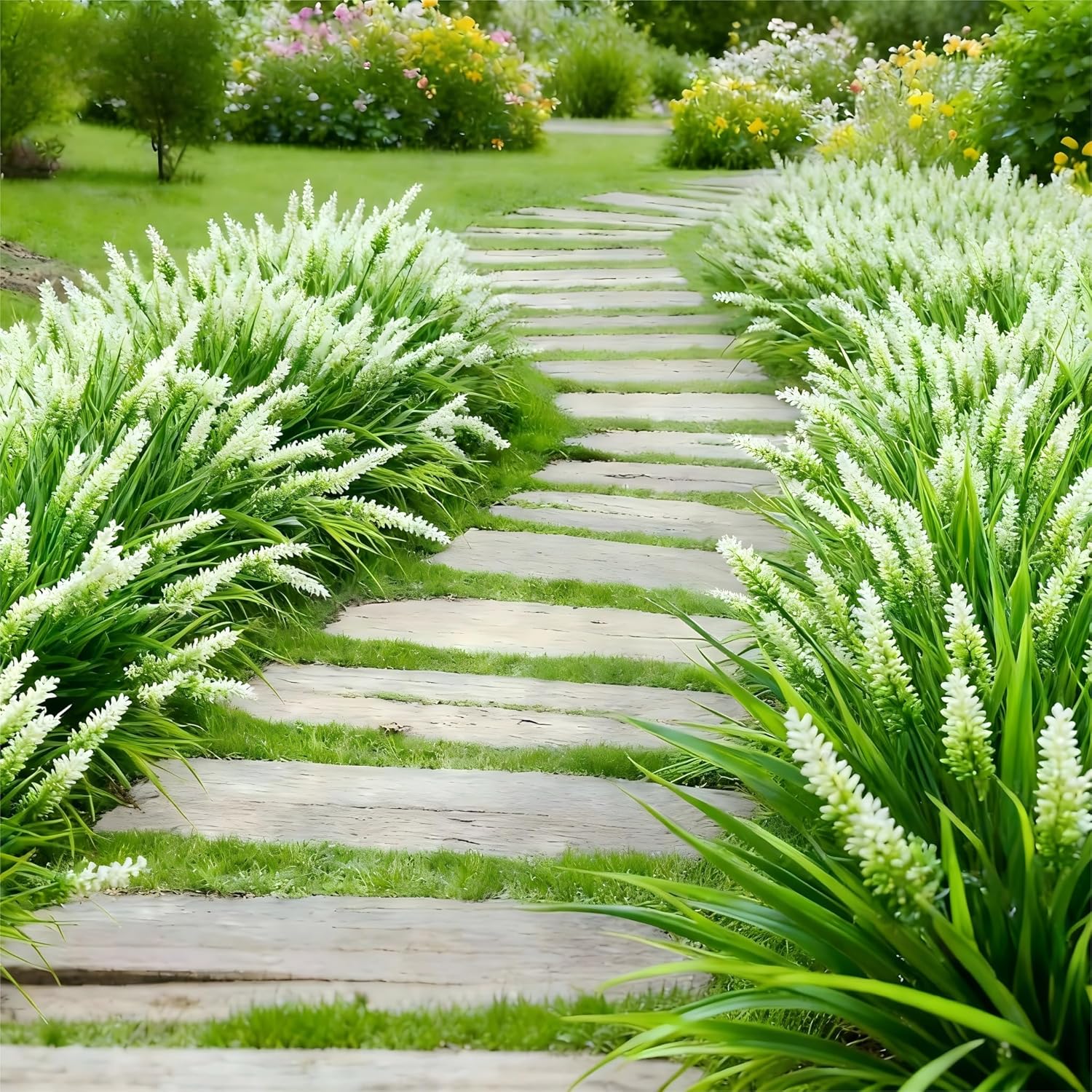 Geegoods Artificial White Lavender Flowers for Outdoors – 24 Bundles UV Resistant Fake Flowers with Monkey Grass, Realistic Artificial Plants Outdoor for Garden, Patio, Porch, Window Box & Home Décor