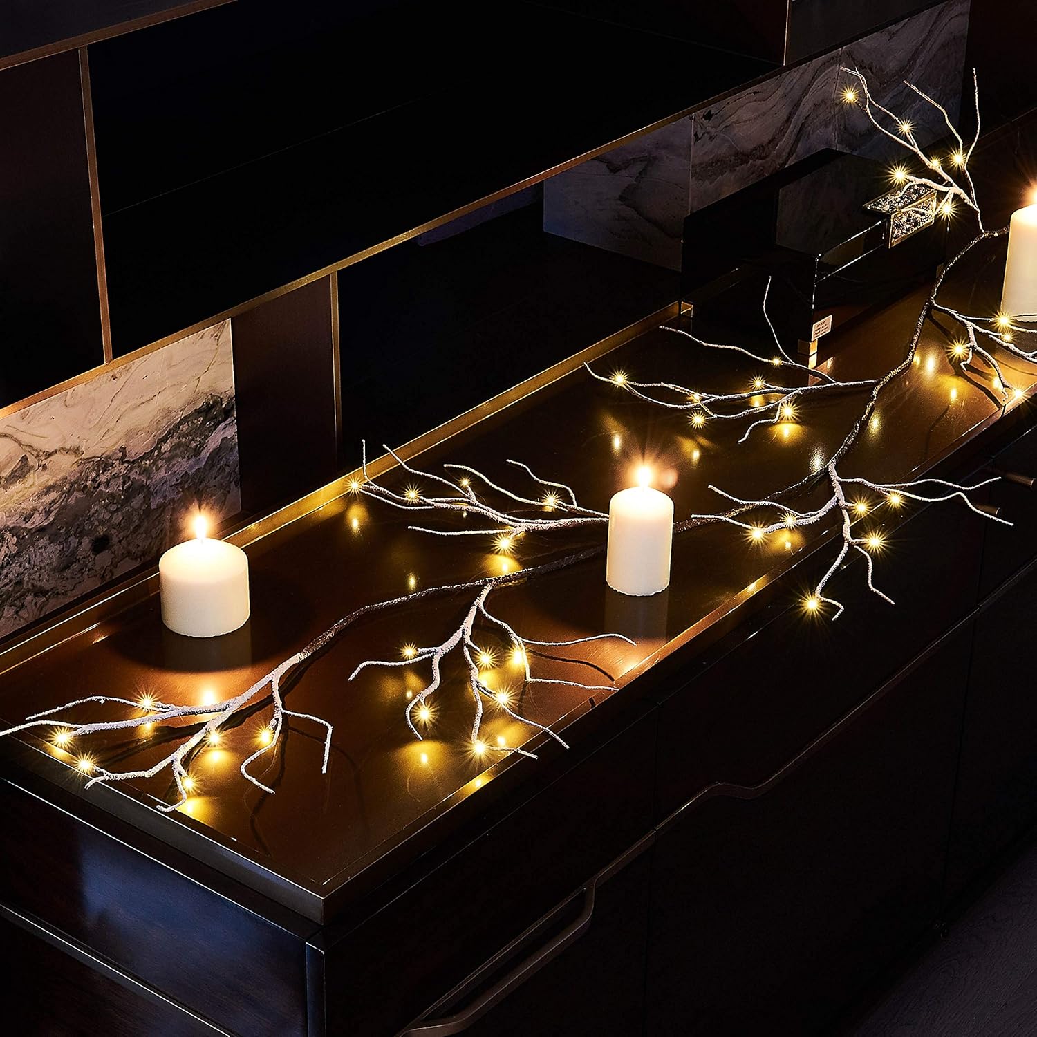 Hairui Lighted Garland Snow Flocked with Timer 6FT 48 LED Battery Operated Pre-lit Twig Vine Firepalce Mantle Table Winter Christmas Decoration Indoor Outdoor