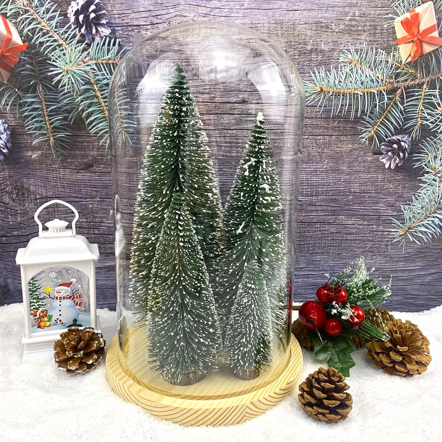 Desktop Miniature Christmas Trees Mini Pine Tree 5pcs with Snow and Wood Base for Xmas Holiday Party Home Tabletop Decor