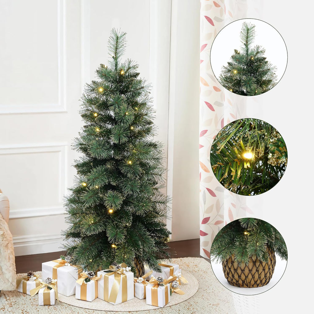 LuxenHome 4FT Small Christmas Tree, Prelit Slim Potted Artificial Christmas Trees with 50 Warm White LED Lights, Realistic Faux Pine Tree with Rattan Style Pot for Entrance, Hallway Display