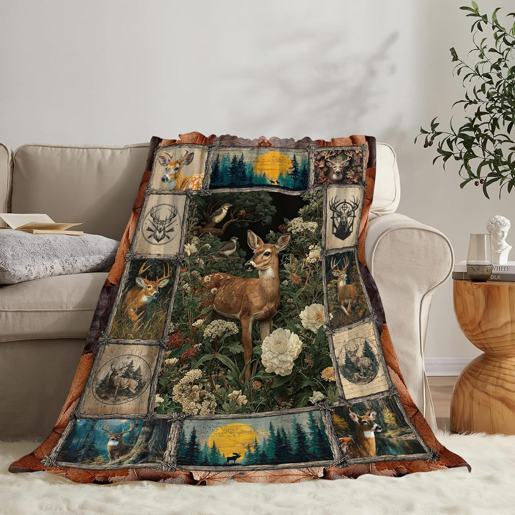 Deer Throw Blanket Hunting Deer Elk Stuff Gifts for Kids Girls Boys Adults Women Men Soft Cozy Warm Plush Fluffy Fuzzy Fleece Blanket Decor 60''X80''