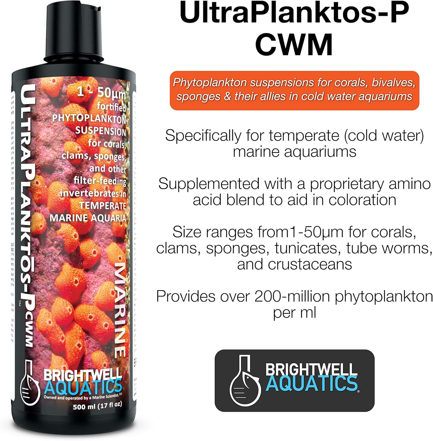 Brightwell Aquatics Ultraplanktos P CWM - Liquid Phytoplankton Food Suspension for Corals and Invertebrates in Temperate Marine Aquariums