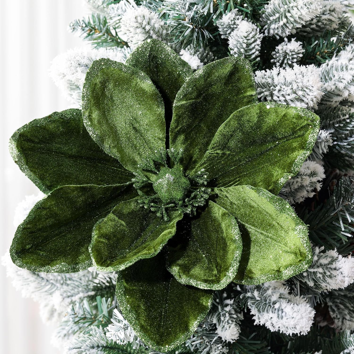 8 Pcs Large Christmas Flower Magnolia Flowers Christmas Tree Decoration Artificial Poinsettia Stems Velvet Xmas Ornaments for Xmas Tree Table Decor (Forest Green,12 Inch)