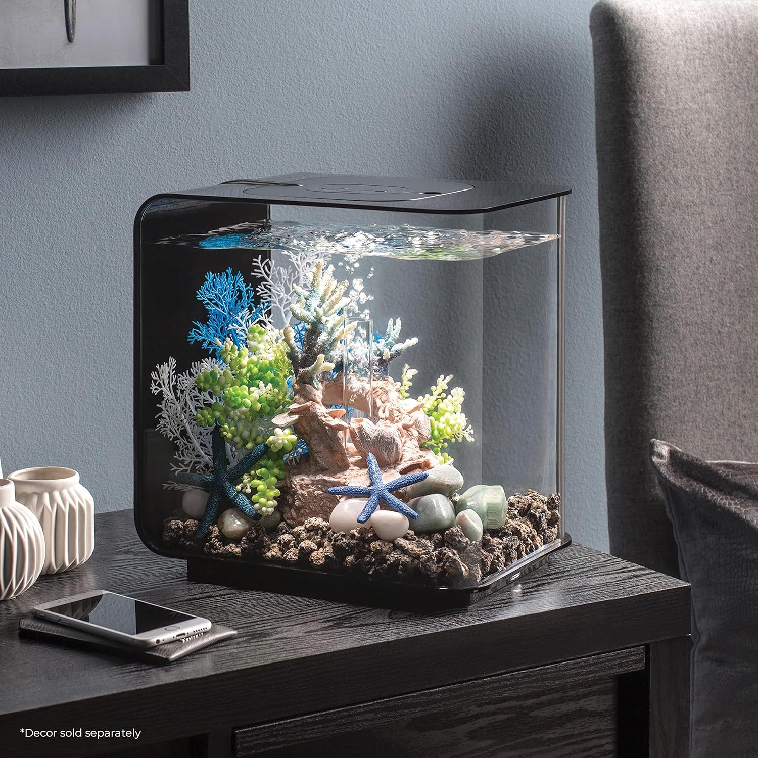 biOrb Flow 15 Acrylic 4-Gallon Aquarium with White LED Lights Modern Compact Tank for Tabletop or Desktop Display, Black