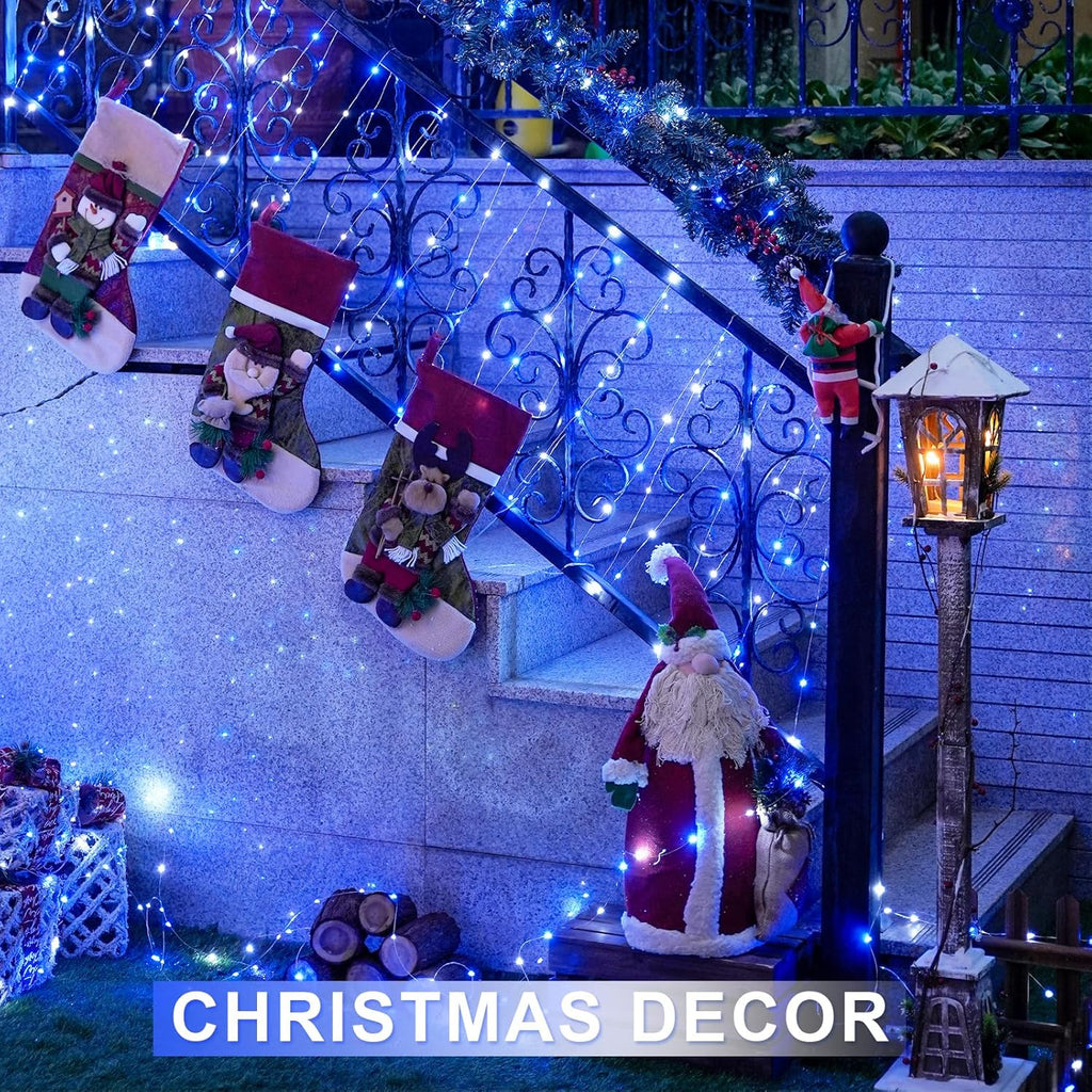 JMEXSUSS 2 Pack 100 LED Blue and White Fairy Lights Battery Operated, 33ft Blue and White Christmas Lights with Remote, 8 Modes Battery Powered Twinkle String Lights for Bedroom Christmas Tree Decor