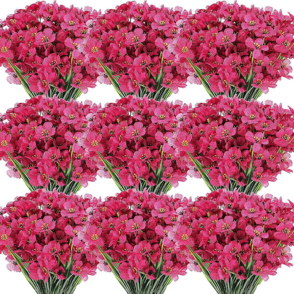 Lyrow 100 Bundles Violet Artificial Flowers, UV Resistant Faux Flowers Outdoor, Faux Silk Flowers, Fake Violet Flowers Bulk for Front Porch Hanging Garden Courtyard Farmhouse Home(Rosy)