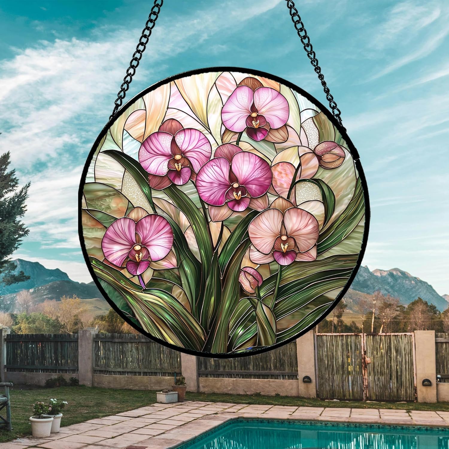 Stained Glass Window Hanging - Pink Phalaenopsis Orchid Green Leaves Sun Catcher for Door Home Decor Flower Suncatcher Christmas Mother's Day Birthday Gifts for Women Men Mom Nana 6.3 in