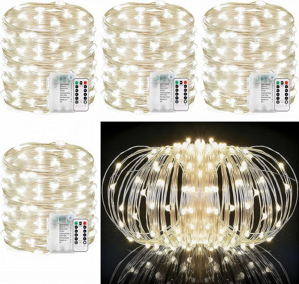 33Ft String Lights Battery Operated with Remote Control Timer, 100LED 4 Pack Waterproof 8 Modes Copper Wire Twinkle Fairy Lights for Bedroom Indoor Outdoor Wedding Dorm Christmas Decorations