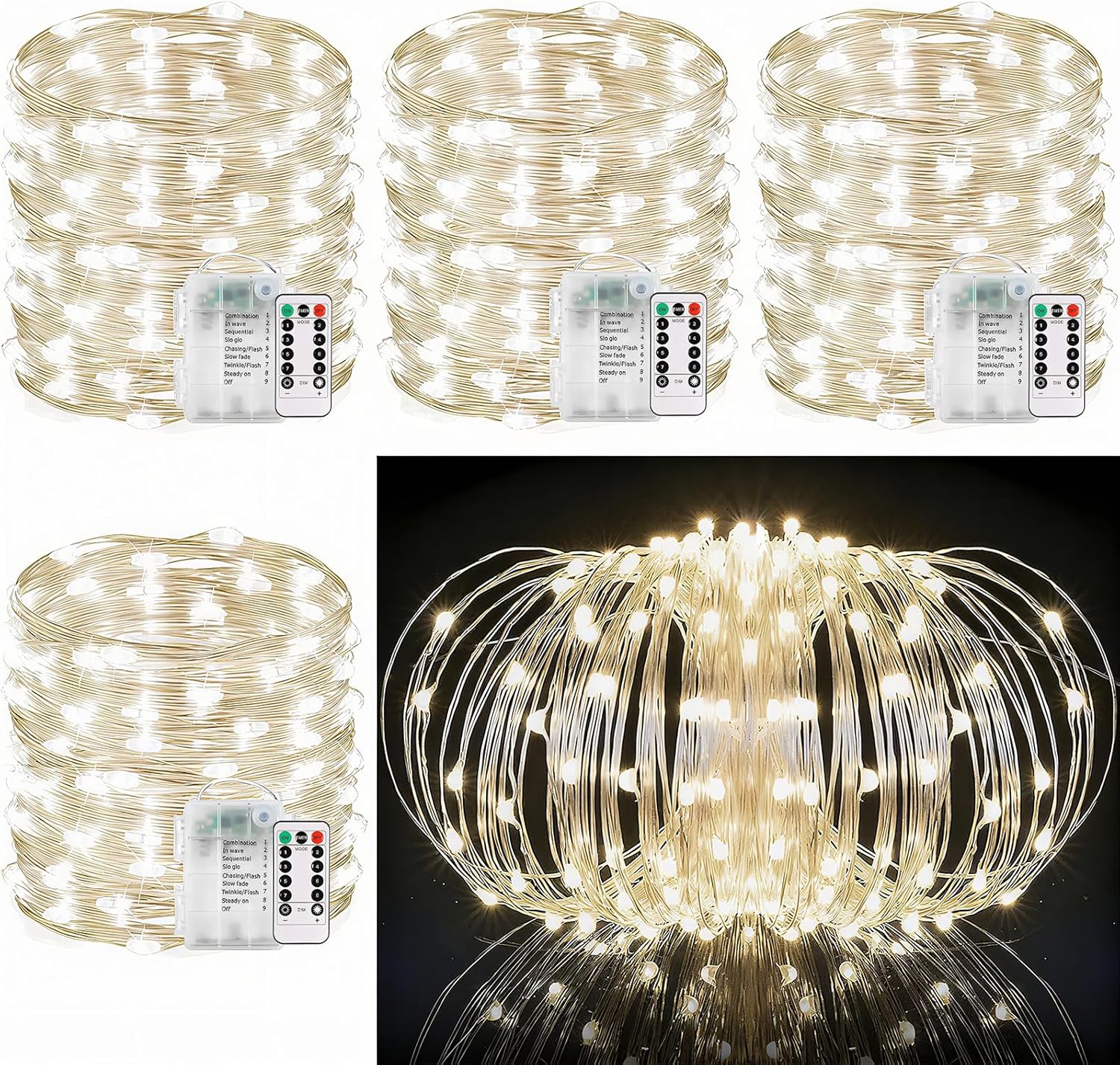 33Ft String Lights Battery Operated with Remote Control Timer, 100LED 4 Pack Waterproof 8 Modes Copper Wire Twinkle Fairy Lights for Bedroom Indoor Outdoor Wedding Dorm Christmas Decorations