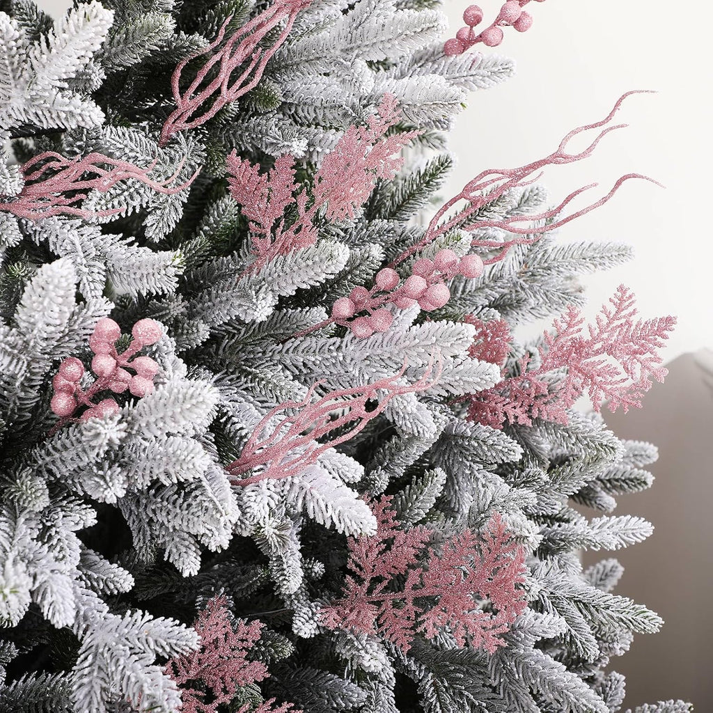 75 Pcs Christmas Glitter Branches 3 Styles Artificial Christmas Picks Berries Stems Pine Needles Floral Twig Spray for Xmas Tree Ornaments DIY Wreath Garland(Light Pink)