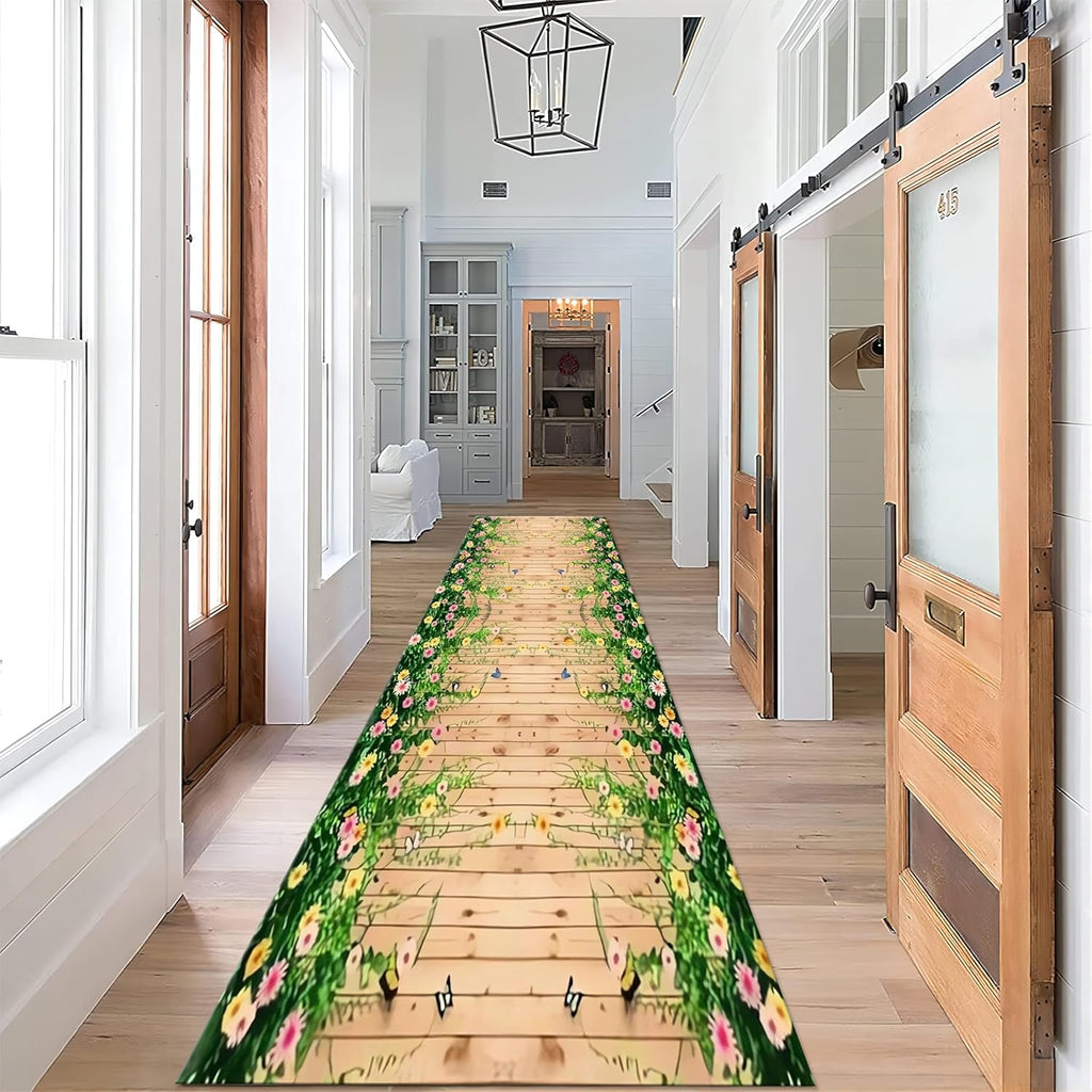 3D Grassland Long Hallway Rug Runners, 2x7ft, Park Butterfly Flower Entryway Mat, Low Pile Non-Shedding Easy Clean Fade Resistant with Non Slip Backing Mats for Indoor Bedside Sofa
