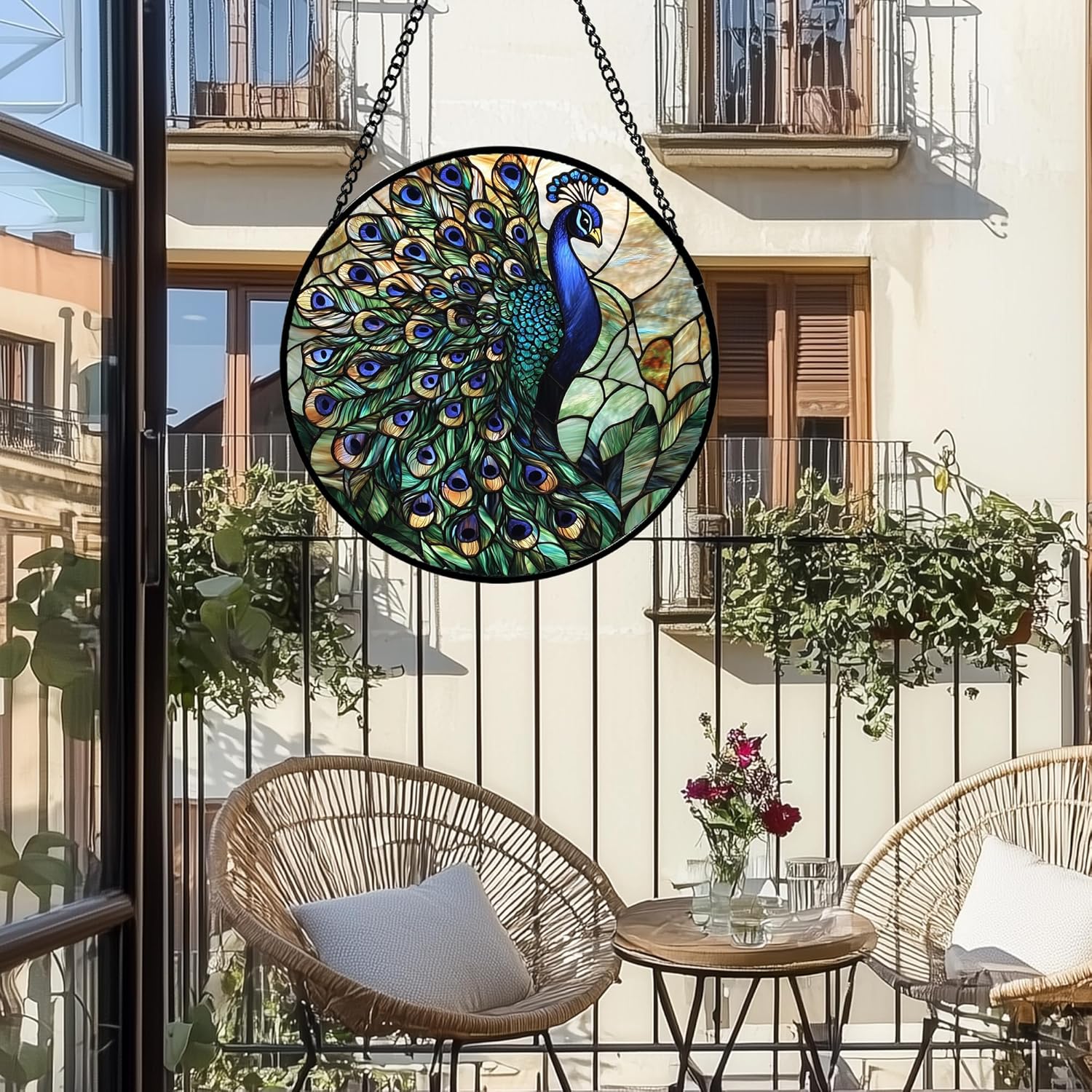 Stained Glass Window Hanging, Turquoise Peacock Sun Catcher for Door Home Decor Blue Green Suncatcher Christmas Mother's Day Birthday Gifts for Women Men Mom and Nana 6.3 in