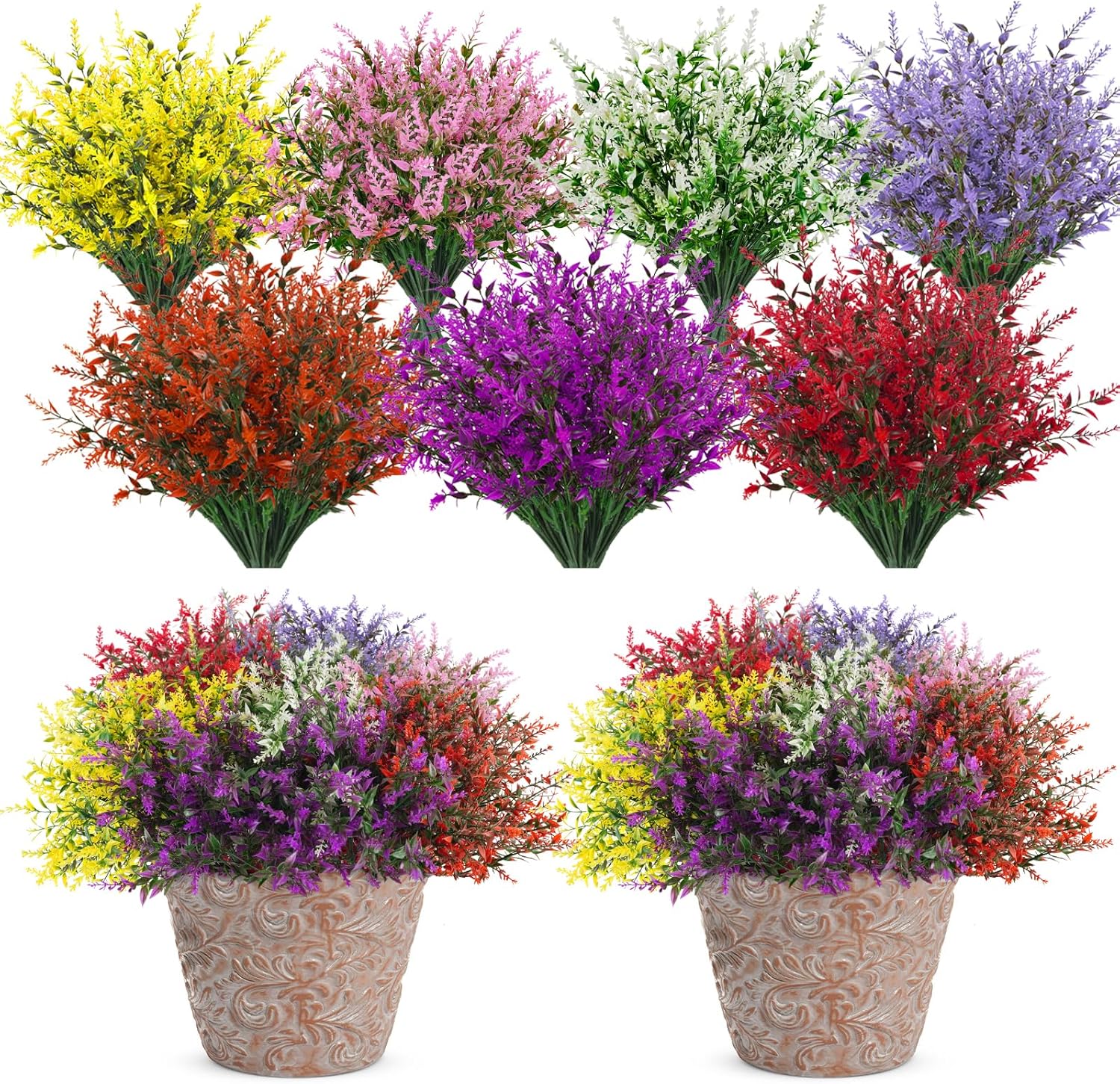 42 Bundles Artificial Plant Outdoor UV Resistant Faux Plants No Fade Fake Plastic Flowers for Outside Home Garden Porch Patio Window Box Hanging Planters Summer Decor