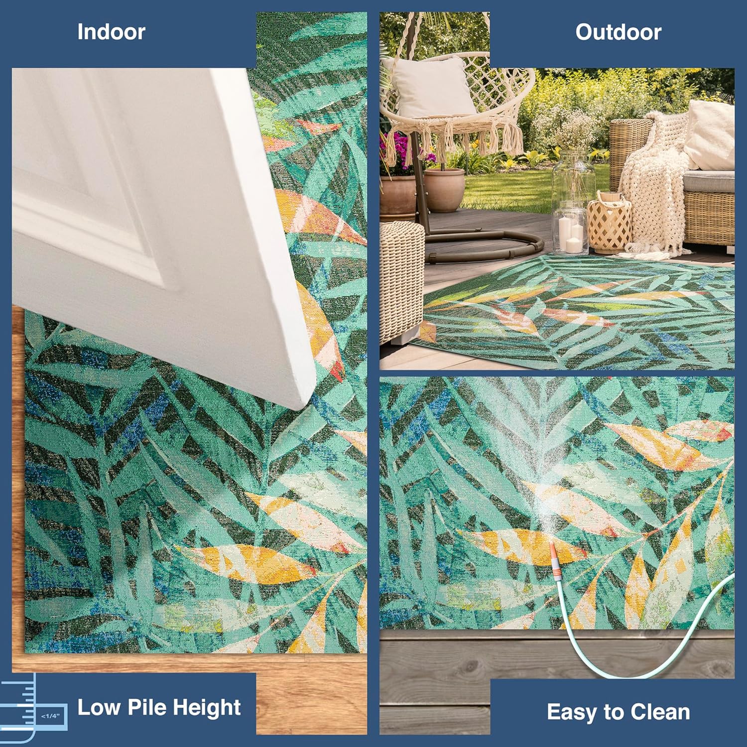 Liora Manne Marina Indoor/Outdoor Power Loomed Synthetic Blend Low Profile Area Rug - Contemporary Graphic Botanical Floral Colorful (Leaves Blue) (7'10" x 9'10")