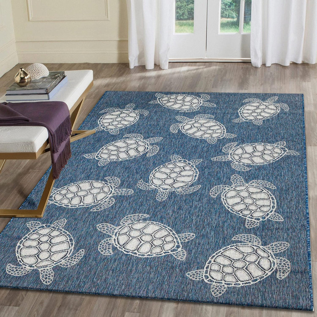 Liora Manne CARMEL Indoor/Outdoor Power Loomed Synthetic Blend Low Profile Area Rug - Transitional Coastal Turtle Decorative (Seaturtles Navy) (6'6" x 9'4")