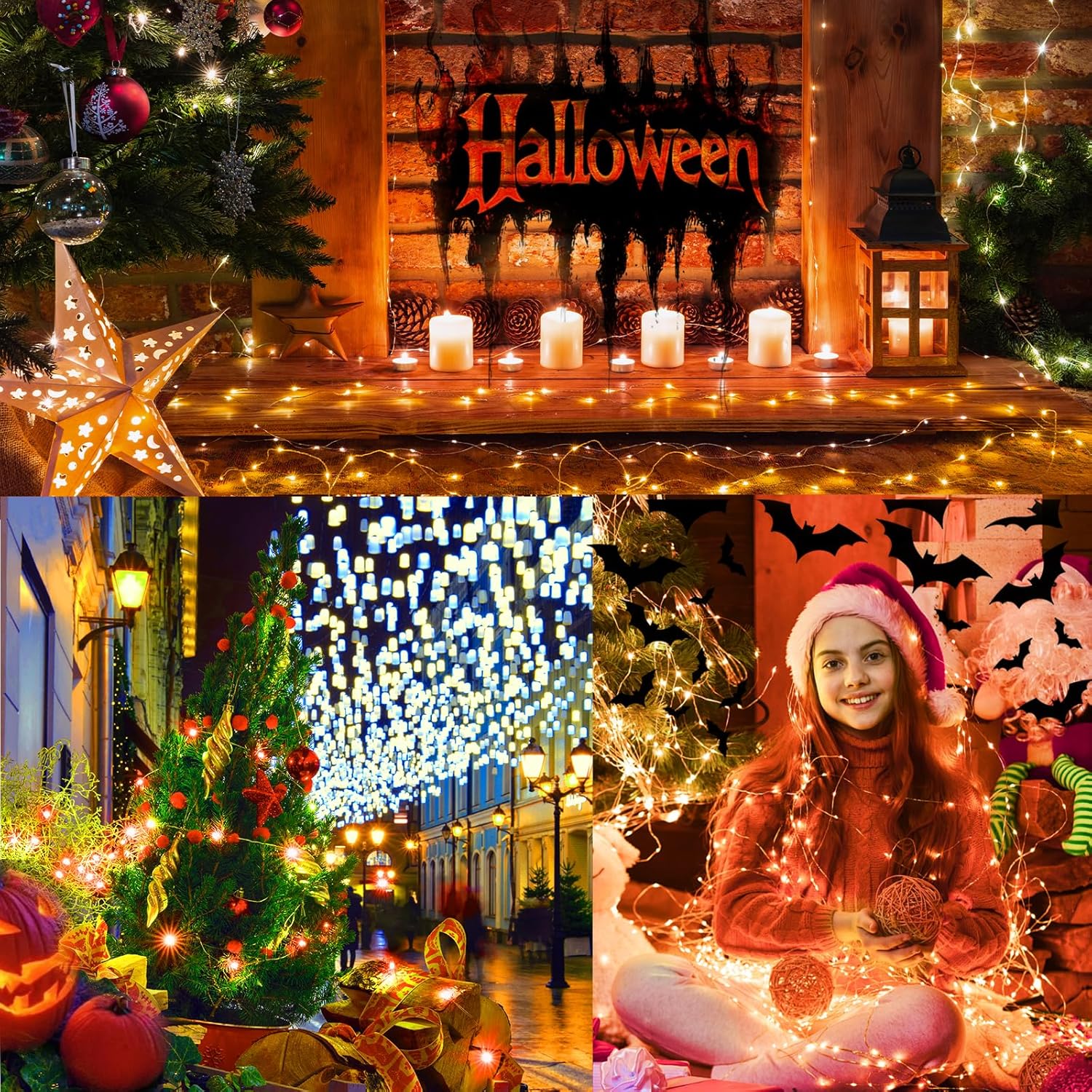 LAMPHOME Halloween Fairy Lights Plug in, 33Ft 100 LEDs Waterproof Twinkle Firefly Lights, Adaptor Included, Starry String Lights for Wedding Indoor Outdoor Christmas Patio Garden, Orange