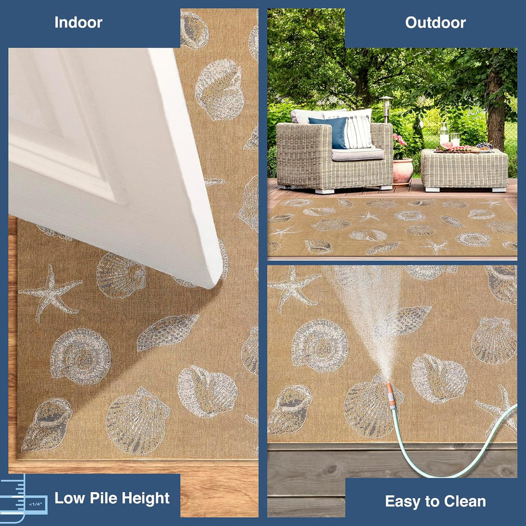 Liora Manne CARMEL Indoor/Outdoor Power Loomed Synthetic Blend Low Profile Area Rug - Transitional Coastal Seashell Decorative (Shells Sand) (6'6" x 9'4")
