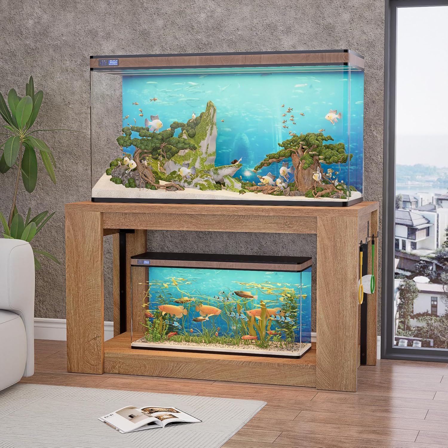 Farmhouse 75–120 Gallon Aquarium Stand for Fish or Reptile Tank, 48"x24" Tabletop Terrarium Stand with Power Outlet and Storage Shelves, Natural Brown Fish Tank Stand, 1500LBS Capacity