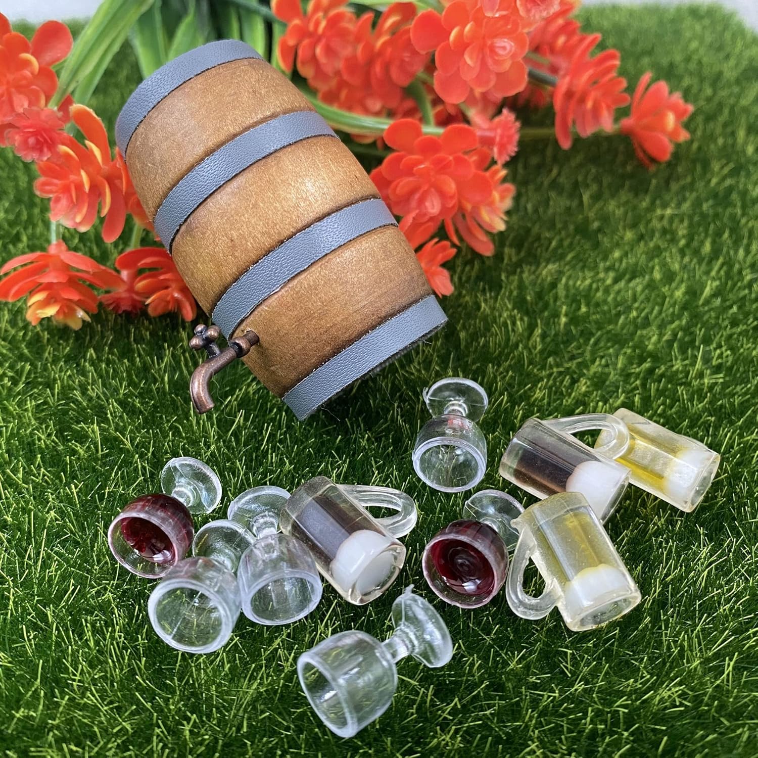 Cayway Miniature Drink Set - 8 PCS Accessories, 1 PCS Wooden Beer Barrel, White & Beer Glasses for Fairy Garden Pub Bar Decoration