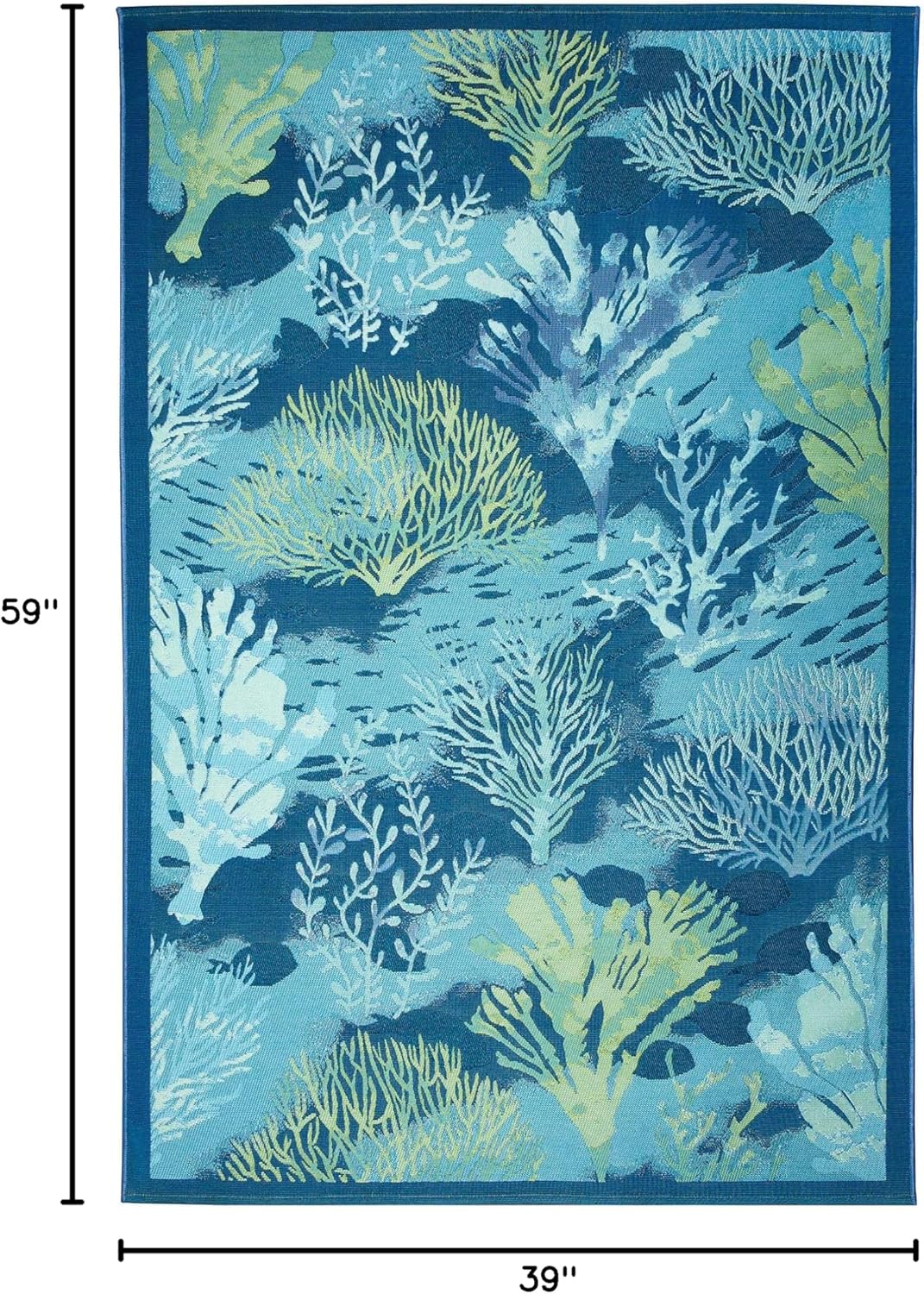 Liora Manne Marina Indoor/Outdoor Power Loomed Synthetic Blend Low Profile Area Rug - Transitional Border Botanical Beach Colorful (Coral Garden Lapis) (3'3" x 4'11")