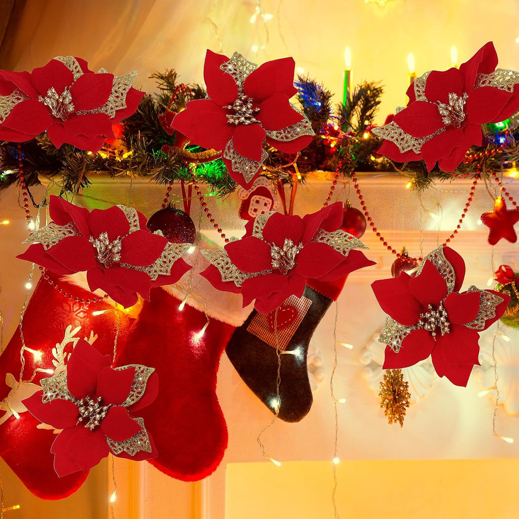 12 PCS Poinsettia Flower Artificial Poinsettia Christmas Decoration 5.9'' Red Glitter Poinsettias Christmas Ornaments Christmas Tree Flower Decor with Clips DIY Xmas Wreath Holiday Home Party Decor