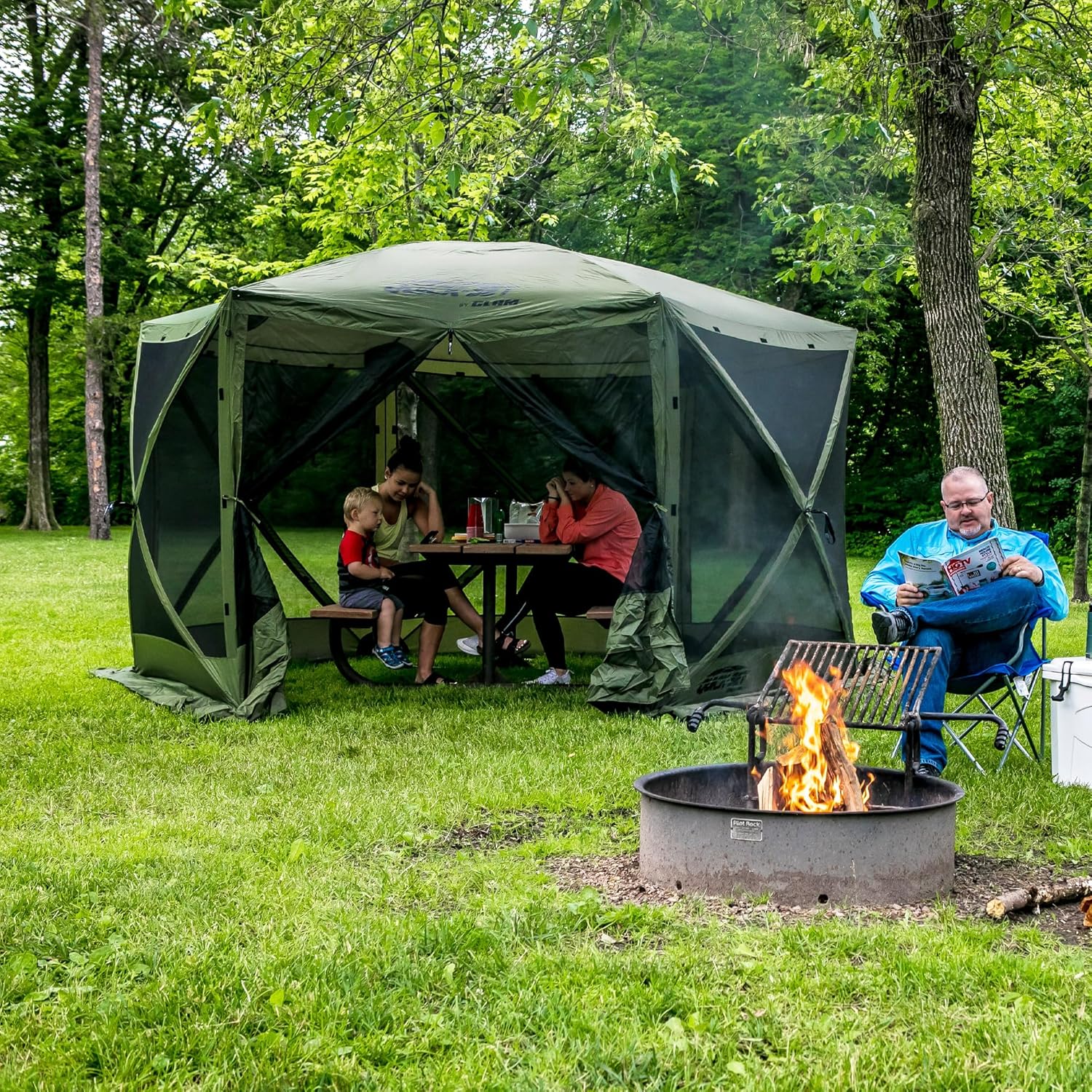 CLAM Pop Up Screen Tent, Outdoor Camping Gazebo Canopy, Escape, 11.5', Green - Heavy-Duty Portable Screened Shelter with Netting for Beach, Patio, and Backyard