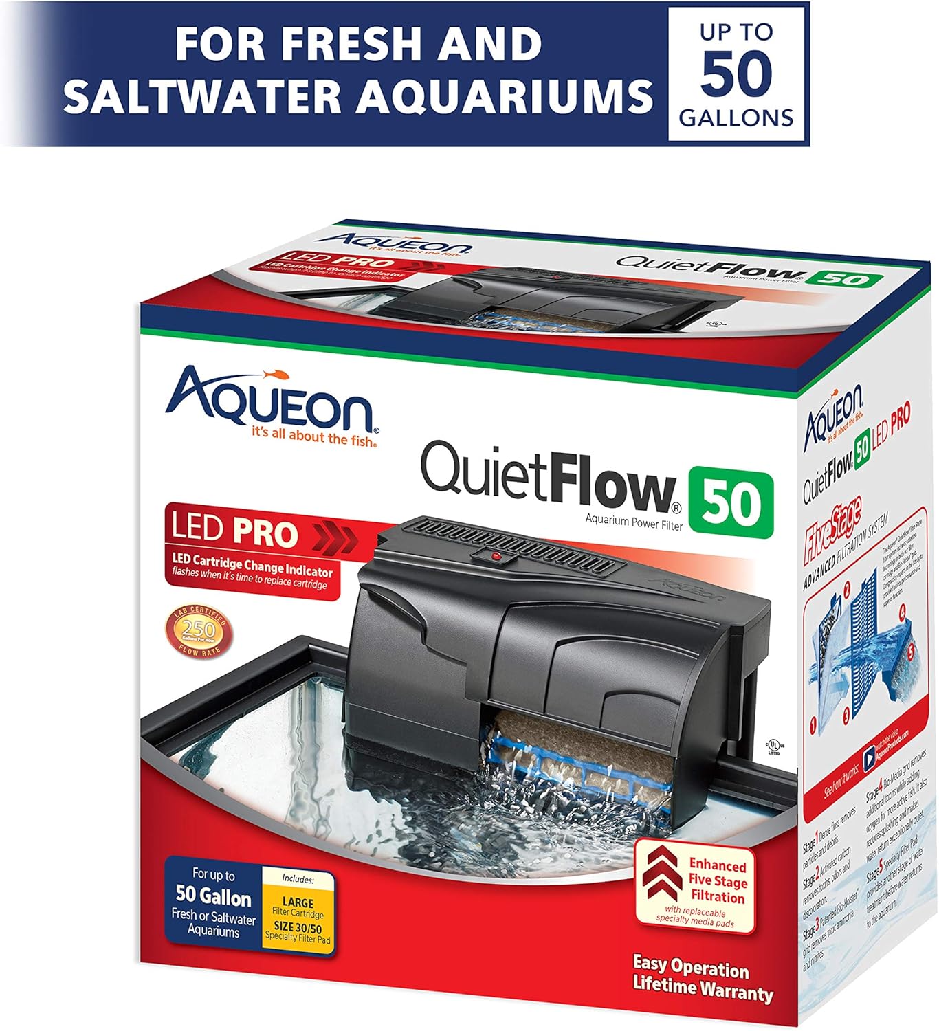 Aqueon QuietFlow 50 LED PRO Aquarium Fish Tank Power Filter For Up To 50 Gallon Aquariums