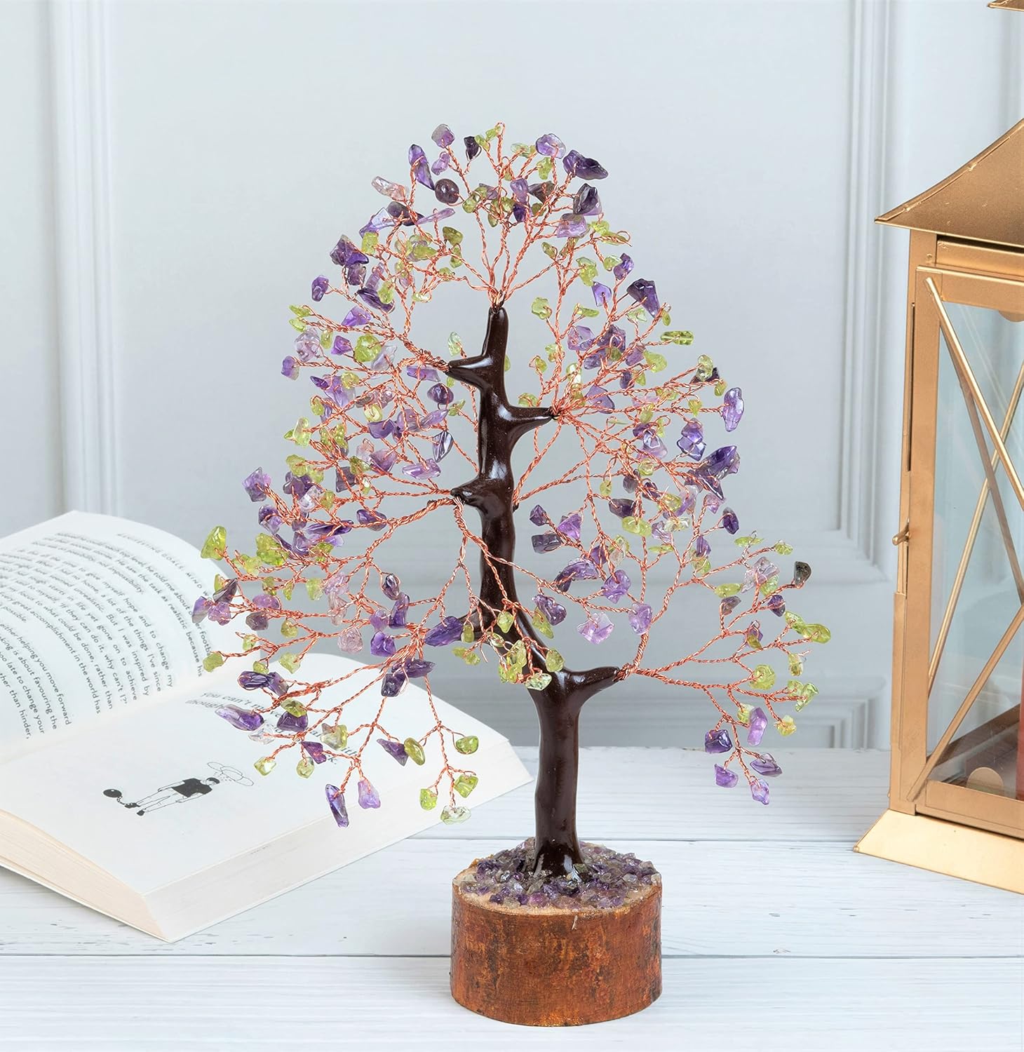 Amethyst & Peridot Crystal Tree Gemstone Tree of Life Chakra Bonsai Tree for Room, Desk & Office Decor Spiritual Gift Meditation Birthday Gift for Women Mom her Sister Housewarming Gifts Home