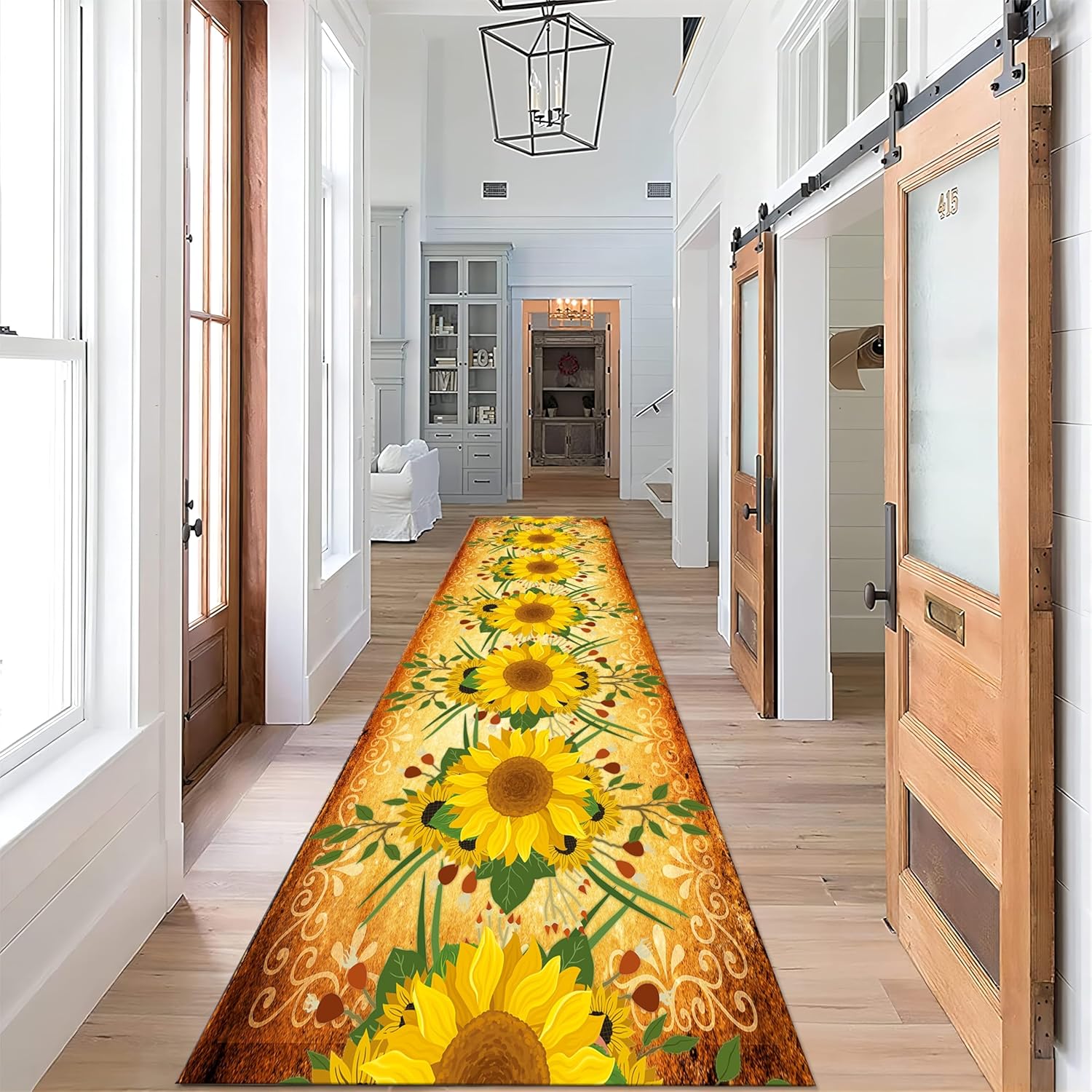Vintage Sunflower Runner Rug, 2.6x10ft, Yellow Watercolor Bouquet Art Runner for Entryway, with Non Slip Backing Washable Area Rug, Durable Anti-Skid Rubber Backed Playing Mat for Indoor