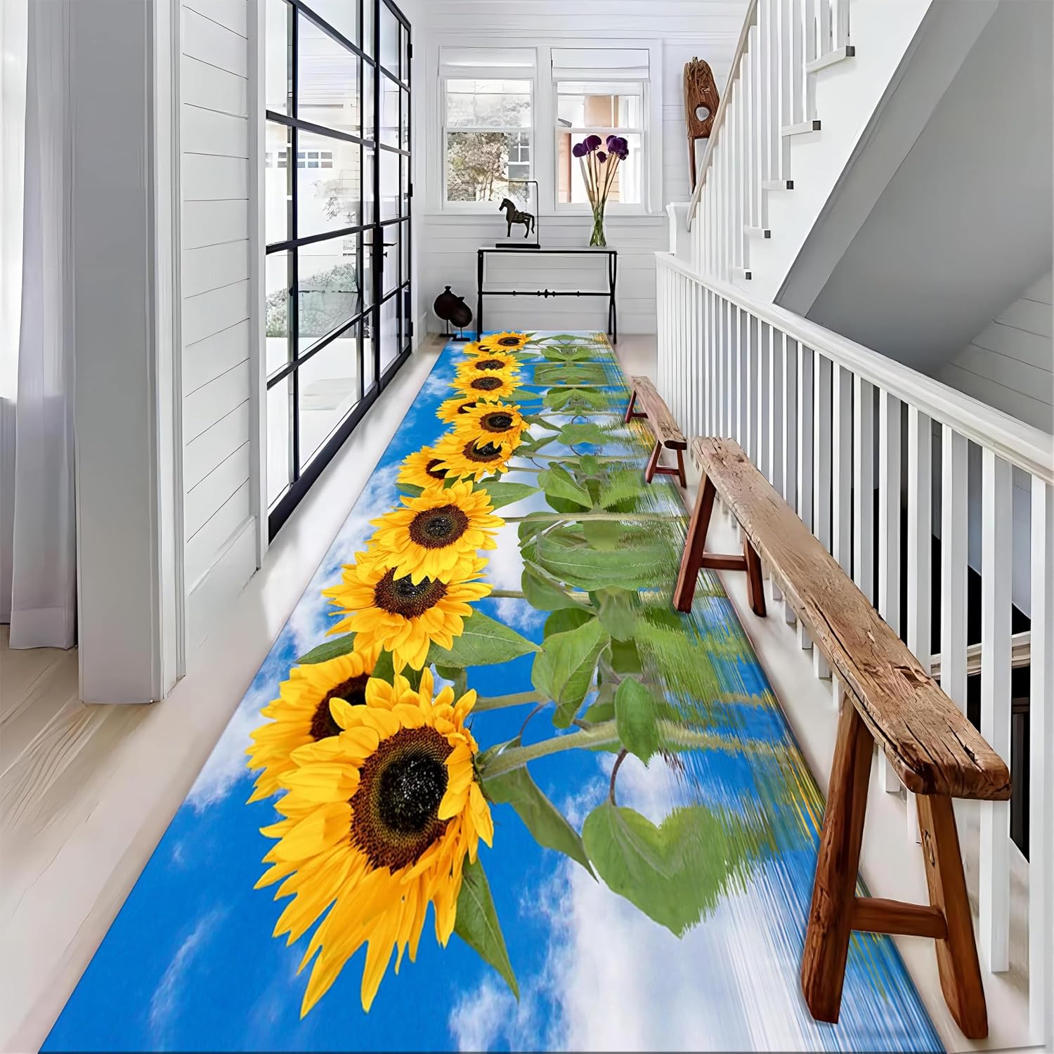 Sunflower Runner Rug, 1.3x7ft, Rustic Farm Floral Kitchen Mat, Soft Machine Washable Rubber Backed Absorbent Floor Decor Reduce Noise Anti-Slip Carpet for Entryway Study Room Dorm Office