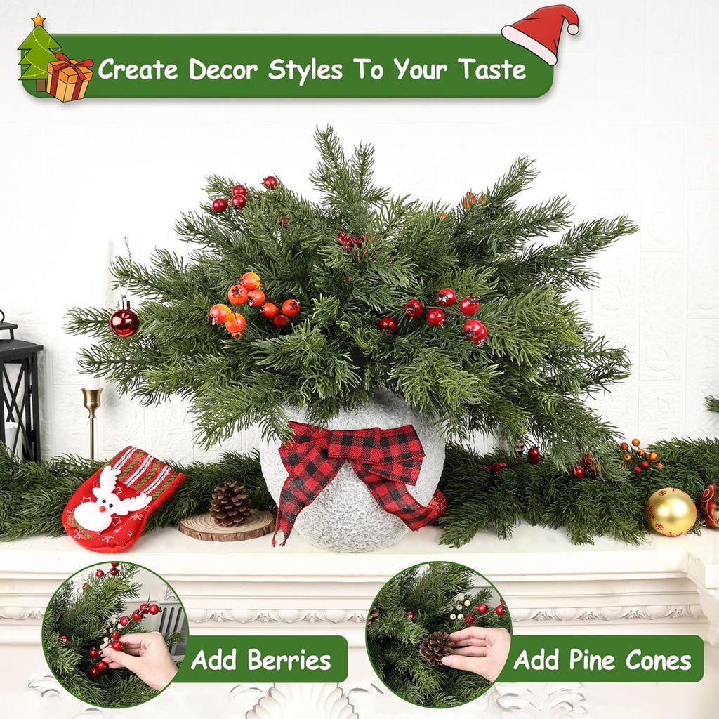 Artgar 12 Pcs Christmas Pine Branches – 18" Realistic Artificial Greenery Pine Stems - Real Touch Faux Cedar Picks for Vase, DIY Garland Wreath Home Indoor Outdoor Xmas Decorations