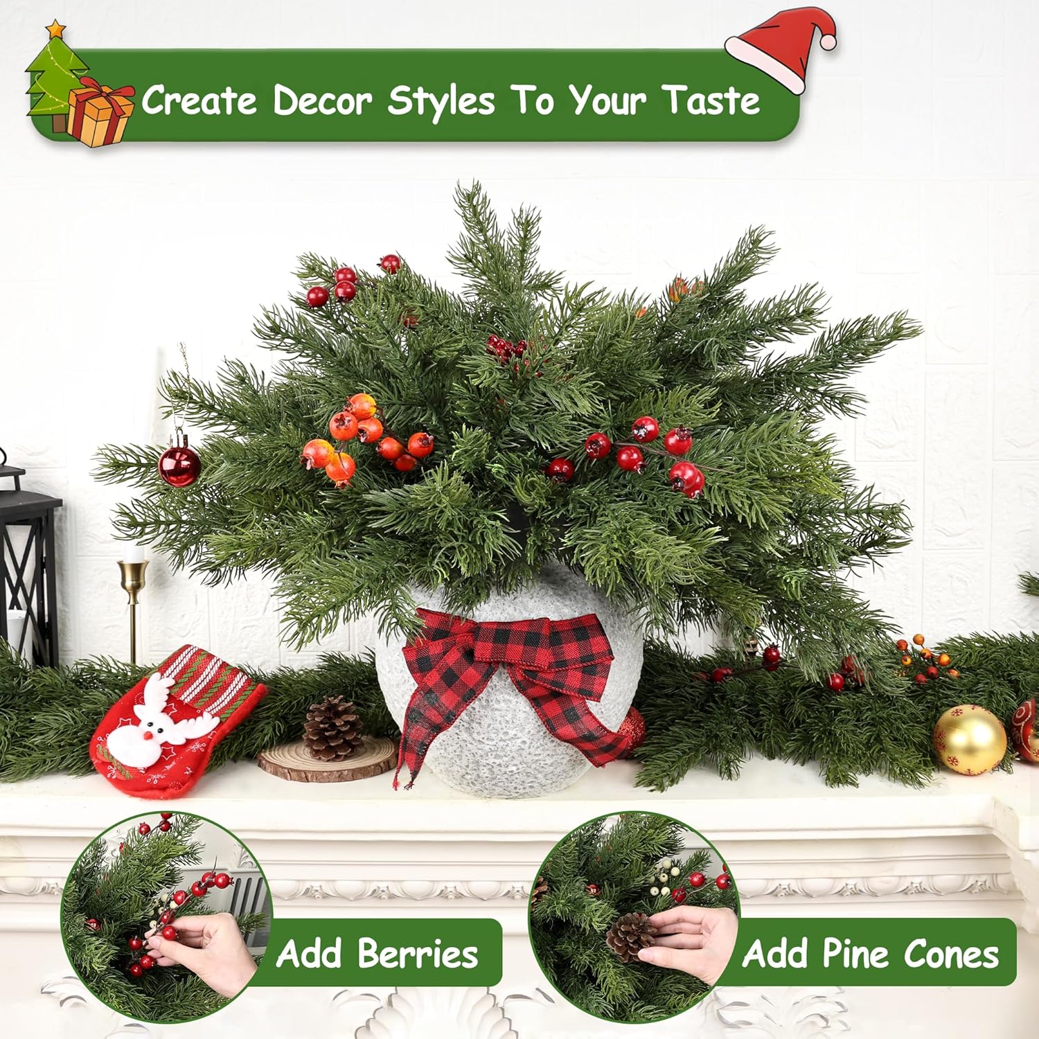 Artgar 12 Pcs Christmas Pine Branches – 18" Realistic Artificial Greenery Pine Stems - Real Touch Faux Cedar Picks for Vase, DIY Garland Wreath Home Indoor Outdoor Xmas Decorations
