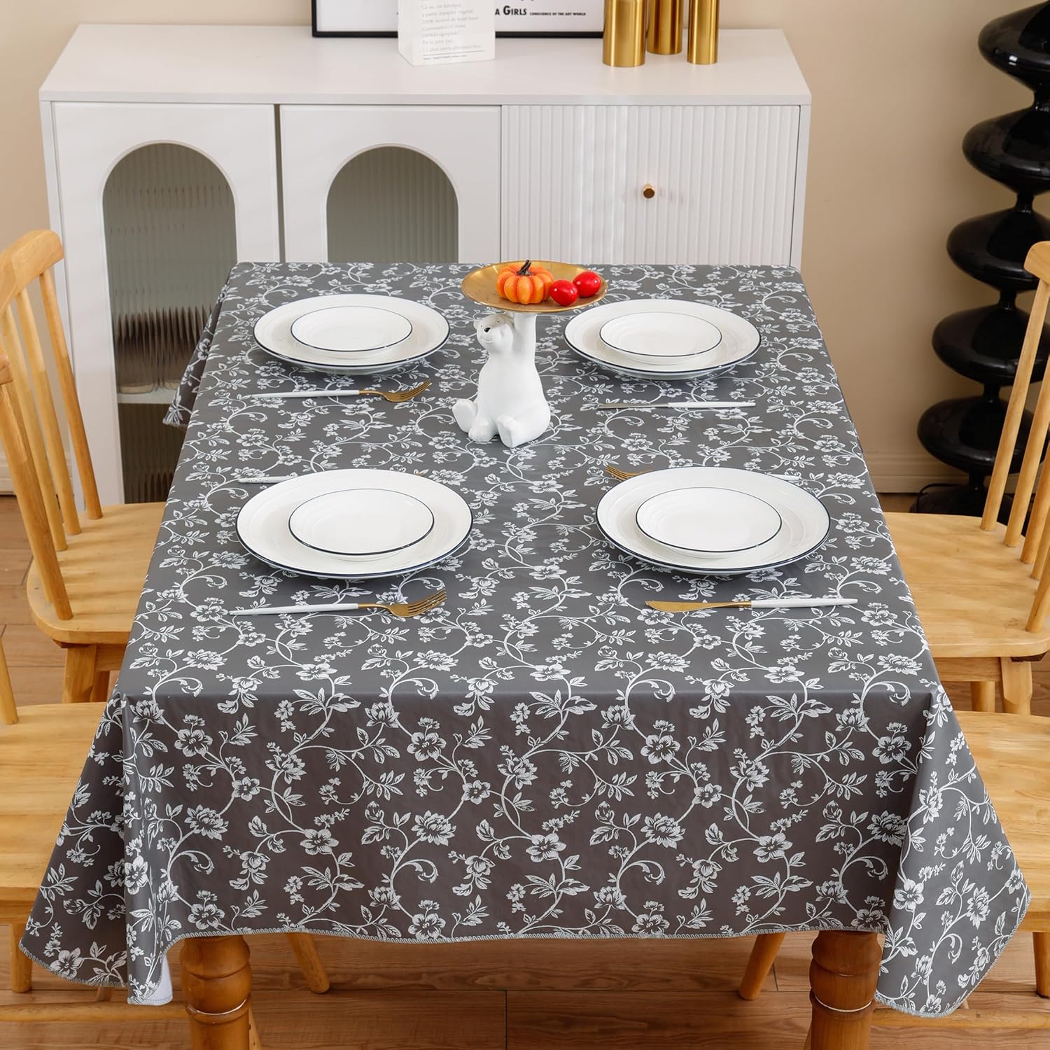 Heavy Duty Vinyl Tablecloth with Flannel Backing Waterproof Oil-Proof Plastic Table Cloth Stain-Resistant Wipeable Rectangle or Square Table Cover for Indoor and Outdoor (Grey Floral,52x70 Inch)