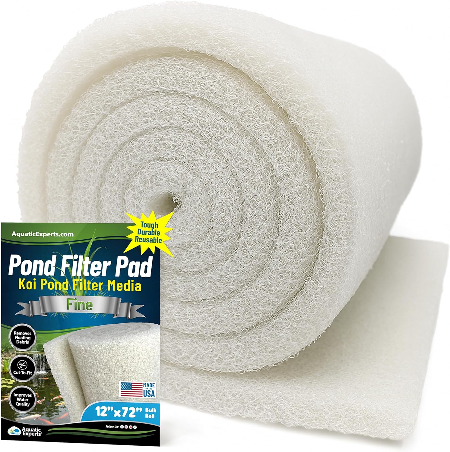 Classic Koi Pond Filter Pad FINE - White Bulk Roll Pond Filter Media, Ultra-Durable Pond Filters for Outdoor Ponds, Reusable Fish Pond Filter Material, USA, Aquatic Experts (3/4" - 1" x 12" x 72")