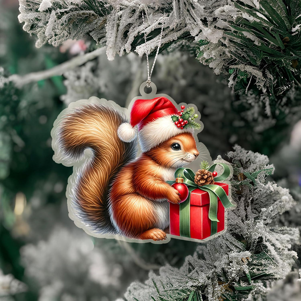 Squirrel Ornament, Squirrel Ornaments for Christmas Tree, Christmas Ornaments 2025, Cute Woodland Animal Holding Gift, Festive Holiday Decor, Red Santa Hat Decoration, Forest Themed Xmas Keepsake