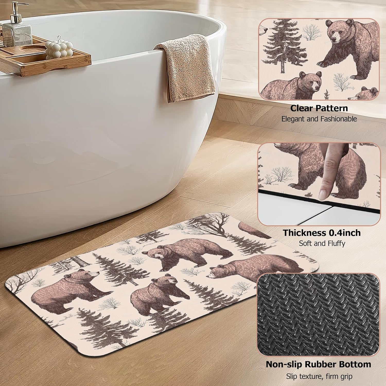 Retro Bear Bathroom Rugs,Bath Mats for Bathroom,Forest Printed Low Pile Absorbent Bath Mat,Rubber Backing Non Slip Washable Thin Quick Dry Door Mat 17x29.5 Inch