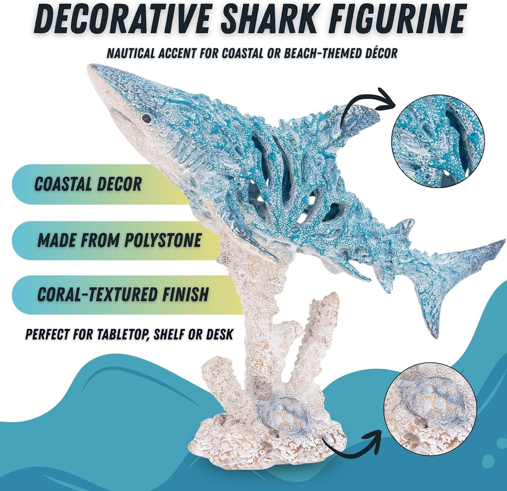 Decorative Shark Figurine 12 Inch Aqua Blue Coral-Look Sculpture with Coral Base Nautical Room Accents Coastal Tabletop Decor