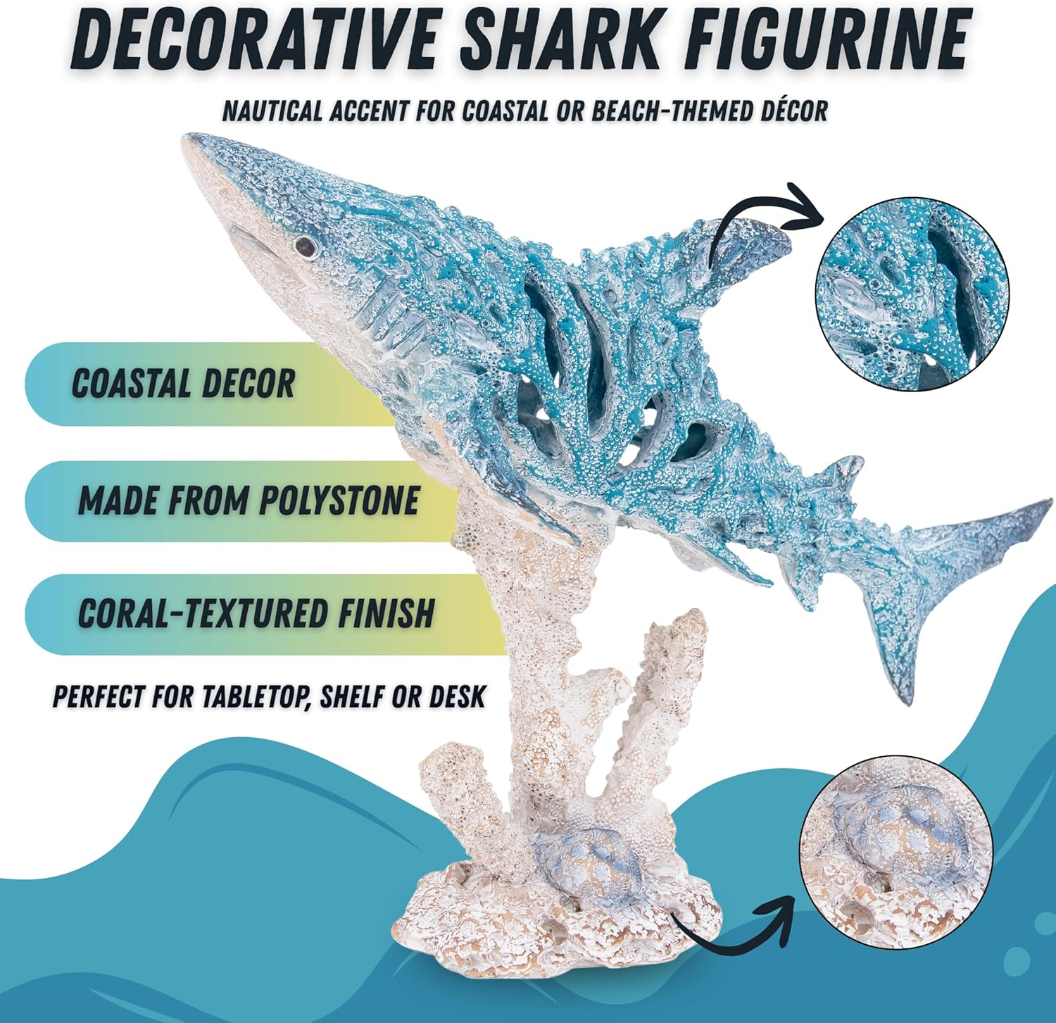 Decorative Shark Figurine 12 Inch Aqua Blue Coral-Look Sculpture with Coral Base Nautical Room Accents Coastal Tabletop Decor