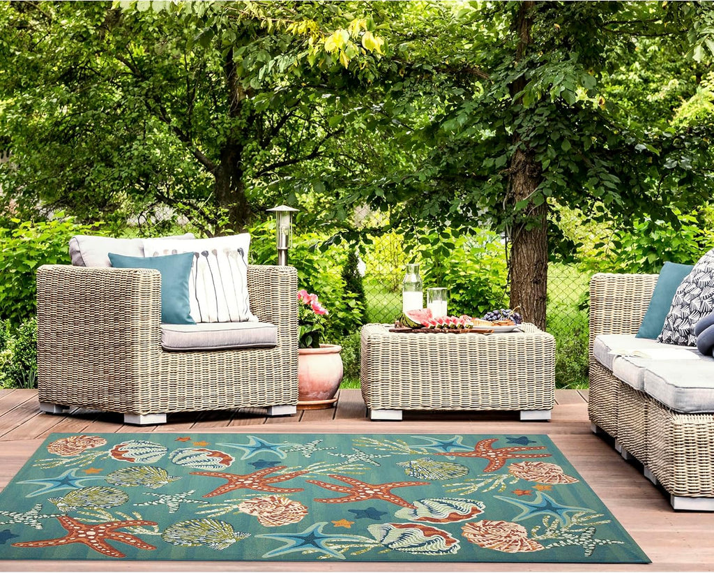 Liora Manne Marina Indoor/Outdoor Power Loomed Synthetic Blend Low Profile Area Rug - Transitional Graphic Coastal Animal Colorful (Starfish Song Aqua) (6'6" x 9'4")