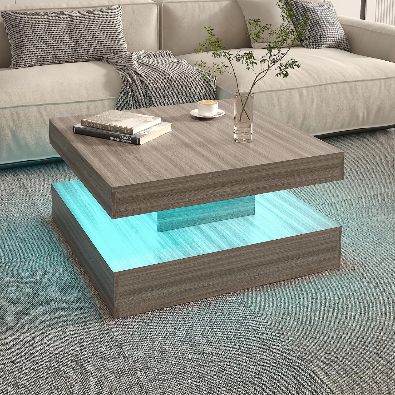 LED Coffee Table for Living Room, Living Room Table 2-Tier Square Middle Center Table, Modern Coffee Tables with Storage, Contemporary Wood Tea Tables for Dining Reception, Grey Wood