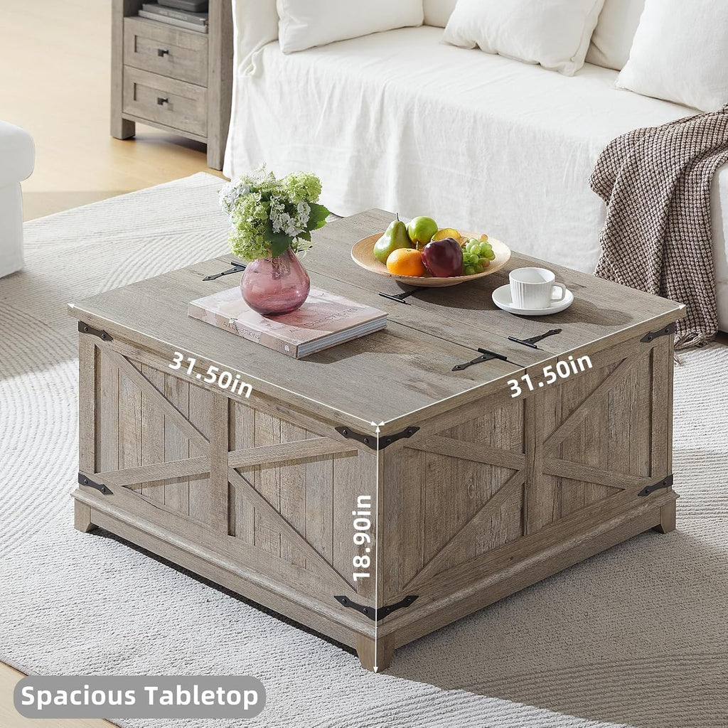 Farmhouse Coffee Table with Hidden Storage Organizer, Modern Square Large Center Table, Wood Farm House Low Rustic Light Oak Living Room Tables with Hinged Lift Top for Home, Office