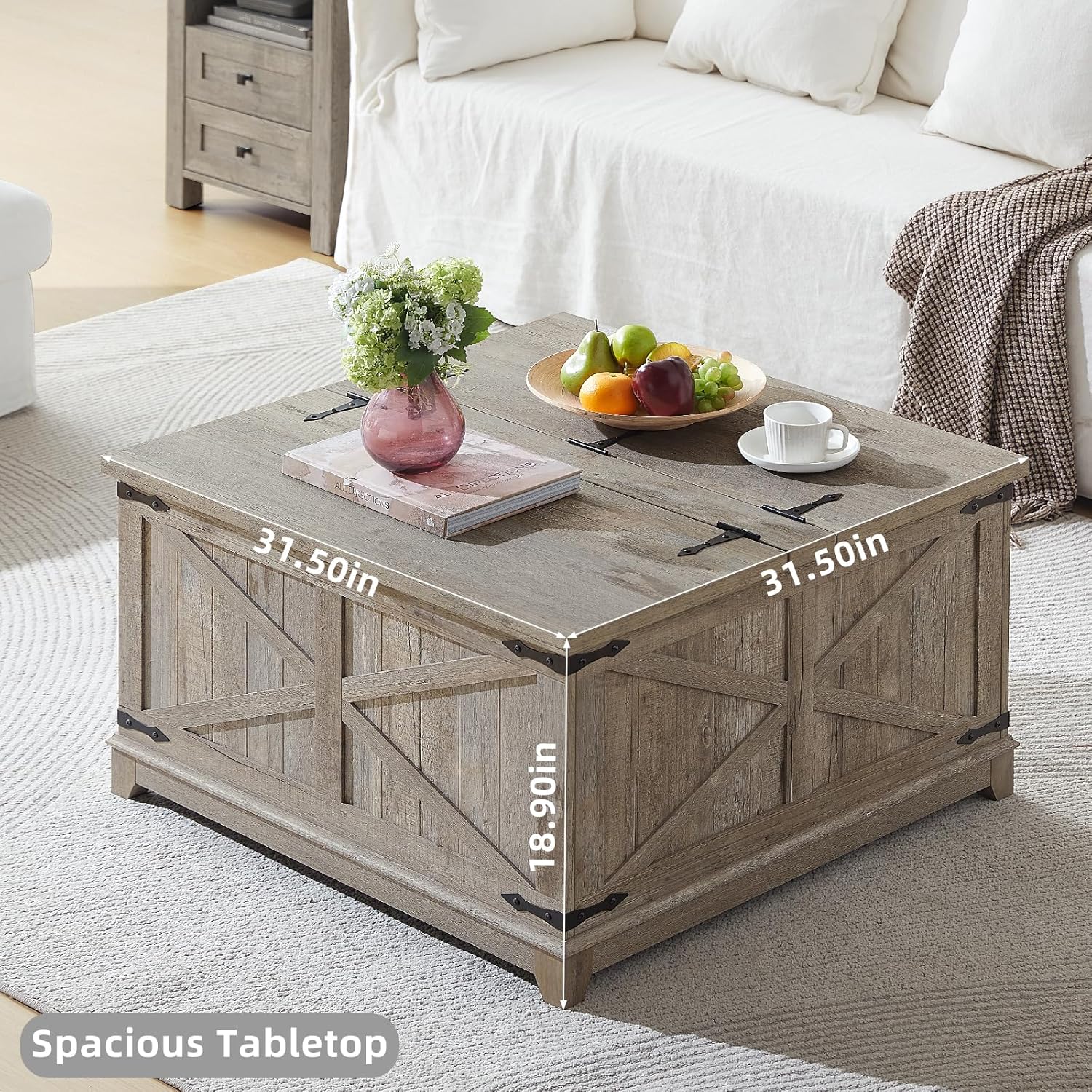 Farmhouse Coffee Table with Hidden Storage Organizer, Modern Square Large Center Table, Wood Farm House Low Rustic Light Oak Living Room Tables with Hinged Lift Top for Home, Office
