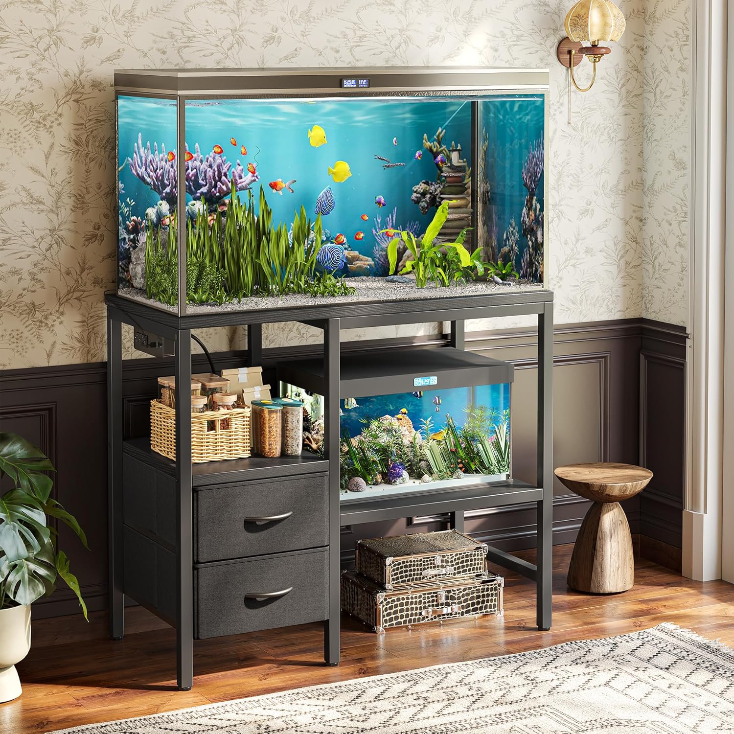 TIQLAB 20-29 Gallon Multi - Tier Aquarium Stand with Storage Drawers & Shelf, Sturdy Metal Frame for Fish Tanks with Power Outlet, 30.7" L*13.8" W Tabletop, Black