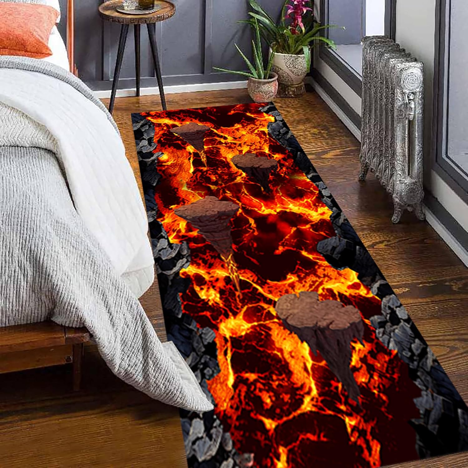 3D Landscape Rug, 3.3x10ft, Flame Volcano Hot Lava Bricks Rock Optical Illusion Fun Challenge Play Area Rug, Abstract Aesthetics Decor Door Mat for Hallway Corridor Entryway