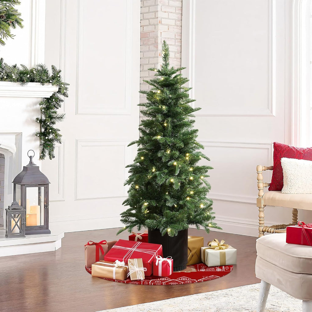 LuxenHome 4.5FT Small Christmas Tree, Prelit Slim Potted Christmas Trees with 100 Warm White LED Lights, Lighted Pine Tree with Fluted Black Pot, Small Faux Holiday Tree for Home Display