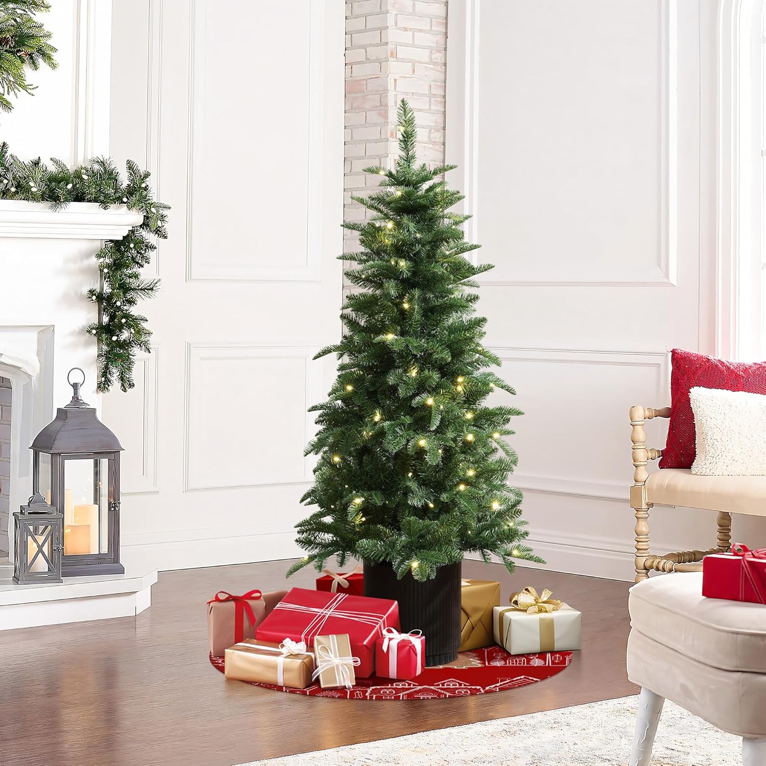 LuxenHome 4.5FT Small Christmas Tree, Prelit Slim Potted Christmas Trees with 100 Warm White LED Lights, Lighted Pine Tree with Fluted Black Pot, Small Faux Holiday Tree for Home Display