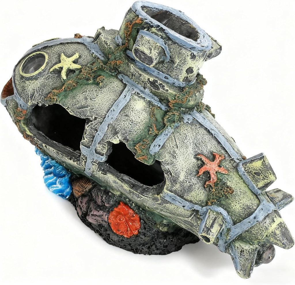 Aquarium Submarine Shipwreck Decor, Realistic Resin Sunken Ship Ornament, Fish Hideout Tank Accessory for Underwater Styling