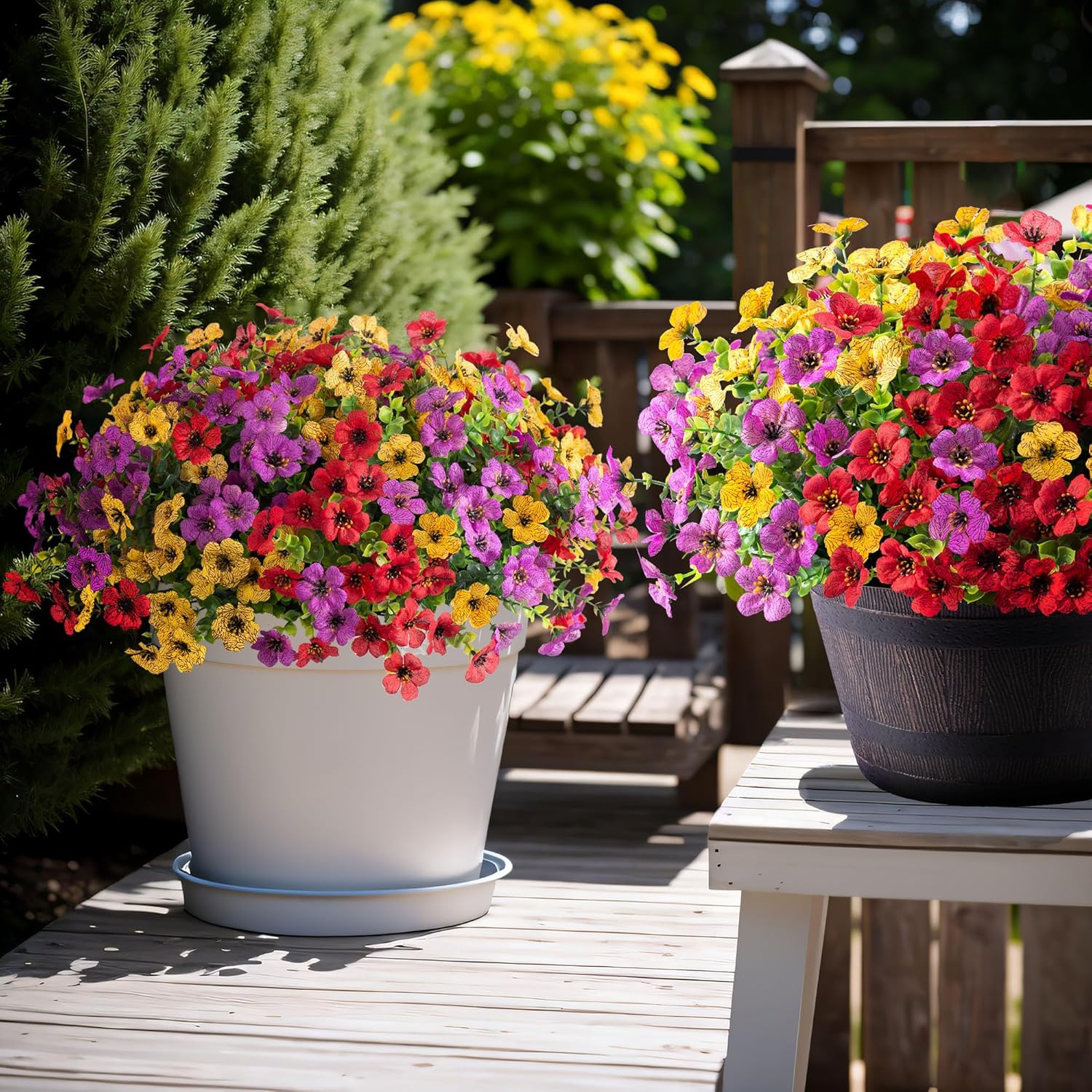 Fall Mums Artificial Flowers for Outdoors Potted, 12 Bundles Fake Fall Daisy Flower with Realistic Eucalyptus Leaves, Fake Plants for Greenery Boxwood Porch Patio Garden Pot Lawn(Red Purple Yellow)