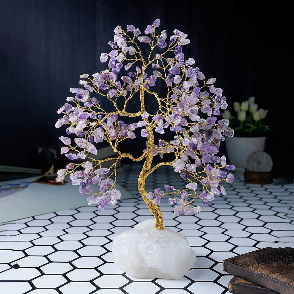 Amethyst Gemstone Tree - Chakra Tree of Life, Natural Quartz Stone Base, Crystal Tree for Positive Energy, Feng Shui Money Bonsai - Attract Good Luck, Holistic Home Decor - Gem Stone Tree 10-12"
