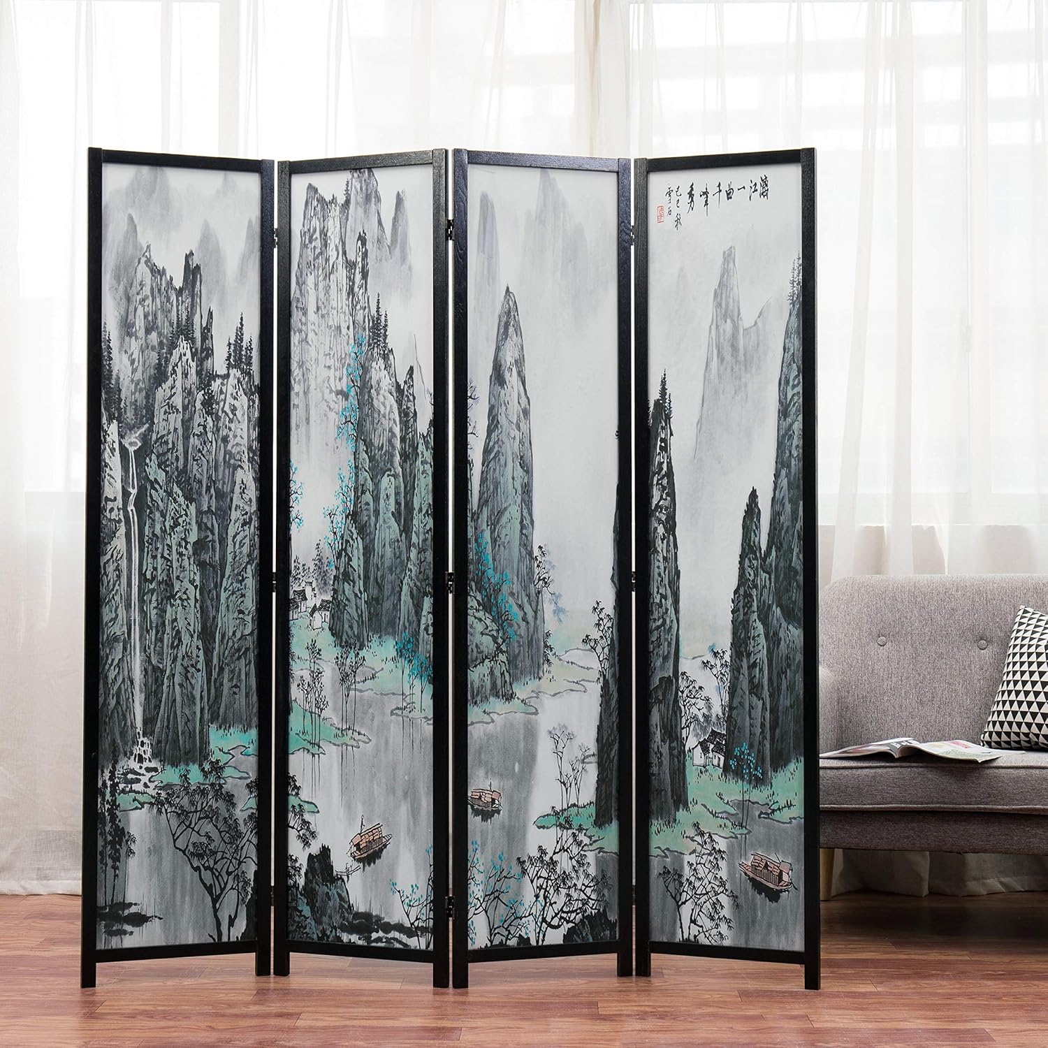 MyGift 4-Panel 6FT Folding Room Divider Asian Watercolor Oriental Landscape and Chinese Calligraphy Design with Freestanding Room Partitioner Screen with Black Wood Frame 63''W x 69''H